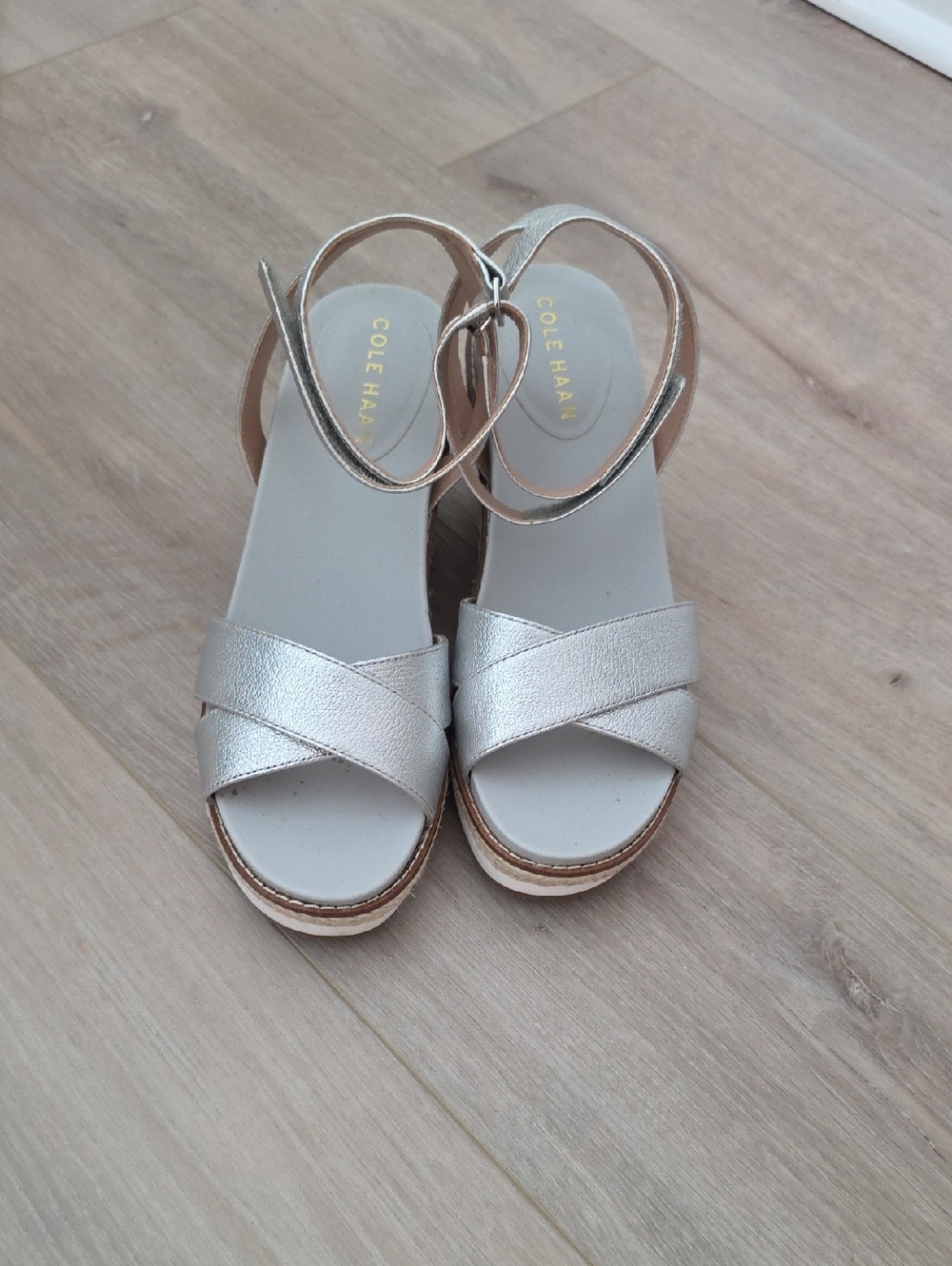 Cole Haan Silver Leather and Rope Wedge Sandals with Ankle Strap